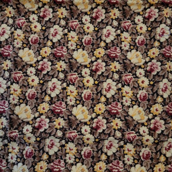 Cotton Fabric Small Floral Yellow Burgundy on Brown Vintage Look 1 Yard Quilting - Picture 4 of 11